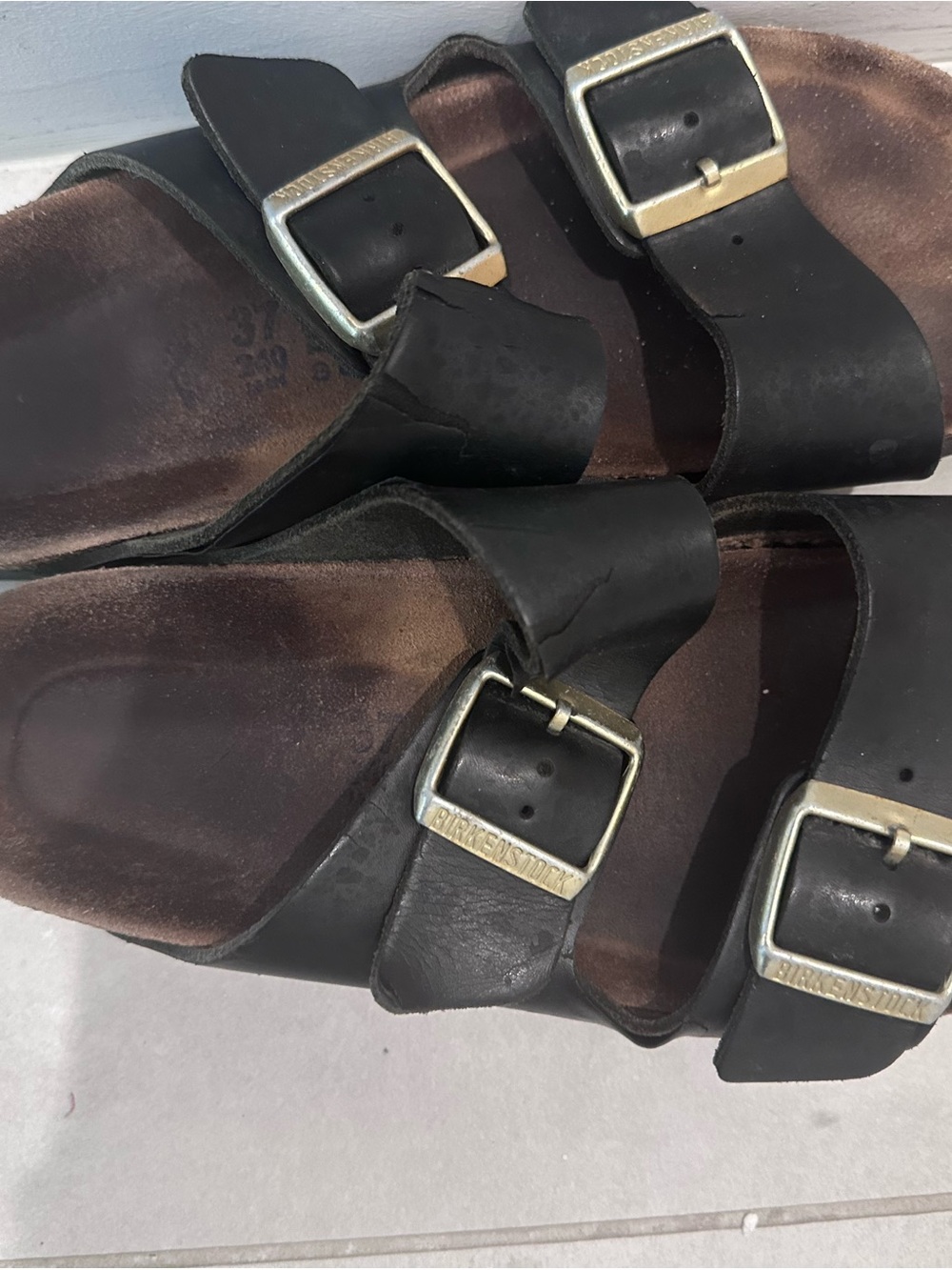 Birkenstock Black Leather Two-Strap Sandals with Gold Buckles 37 EUR
